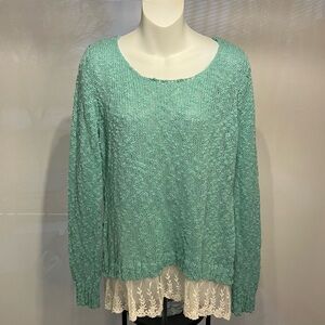 OhMG! Top Size Large Green Knit Semi Sheer with Lace Detail